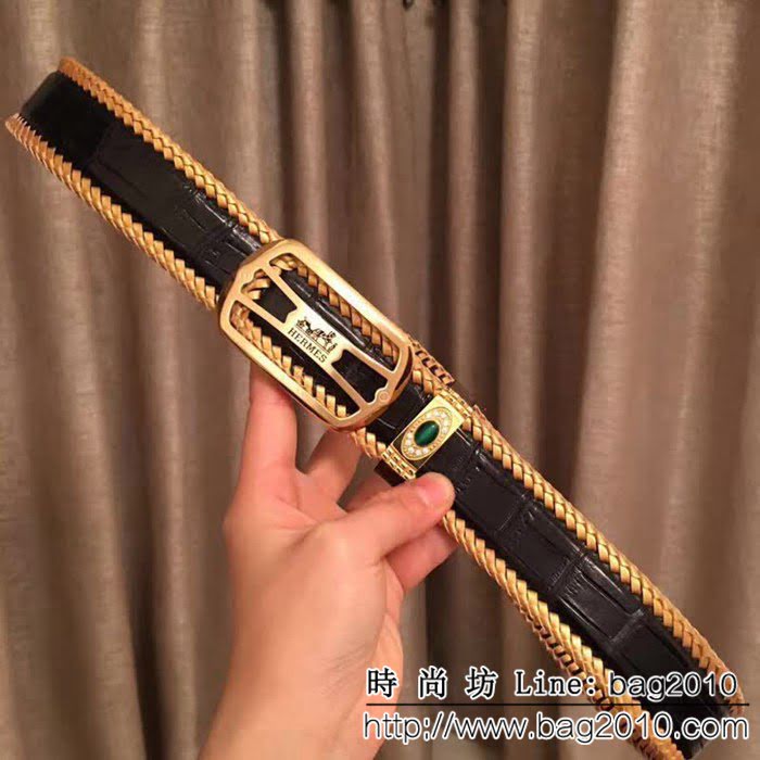 愛馬仕HERMES 純手工編織美洲鱷魚無拼接肚皮 高端男士皮帶 HHG1155